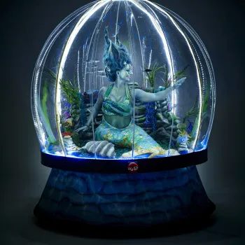 A performer dressed as a mermaid in a sea globe 