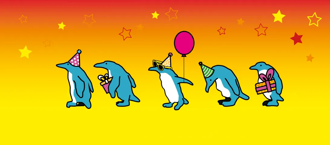 Illustration of penguins marching wearing party hats